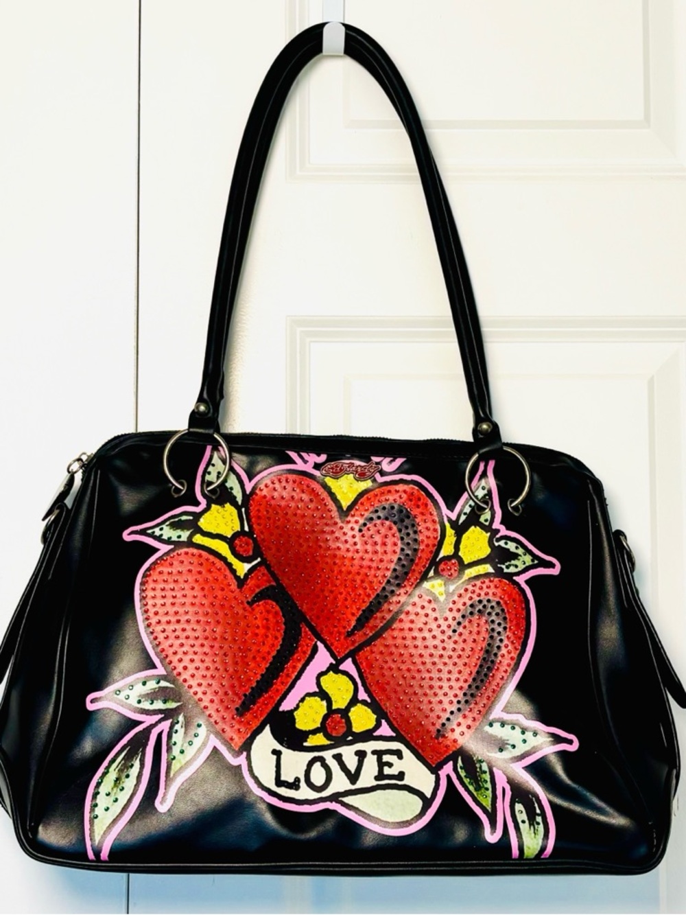 ED HARDY Black Heart “Love” Crystal Studded Logo Large Satchel Handbag